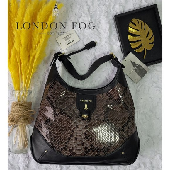 NWT London Fog Brown & Black Snakeskin-Embossed Lilah Hobo - Picture 2 of 11